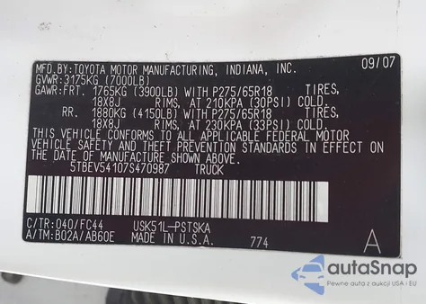 2007 Toyota Tundra Sr5 5.7L V8 из США, поврежденный, VIN 5TBEV54107S470987